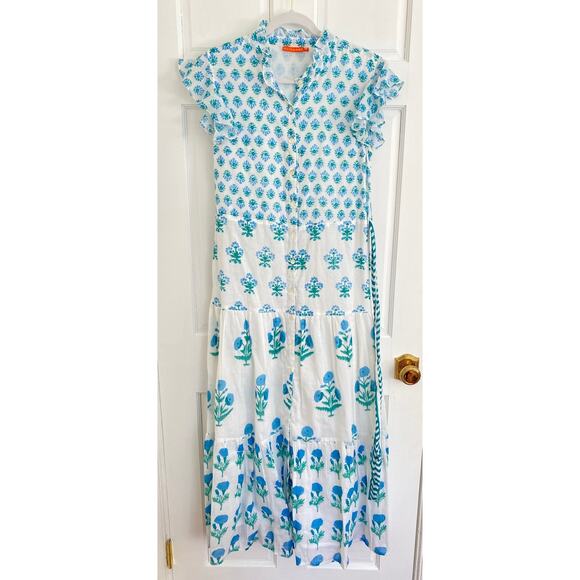 OLIPHANT Ruffle Collar Button Maxi Dress Blue White Block Print Tuckernuck M - Picture 5 of 9